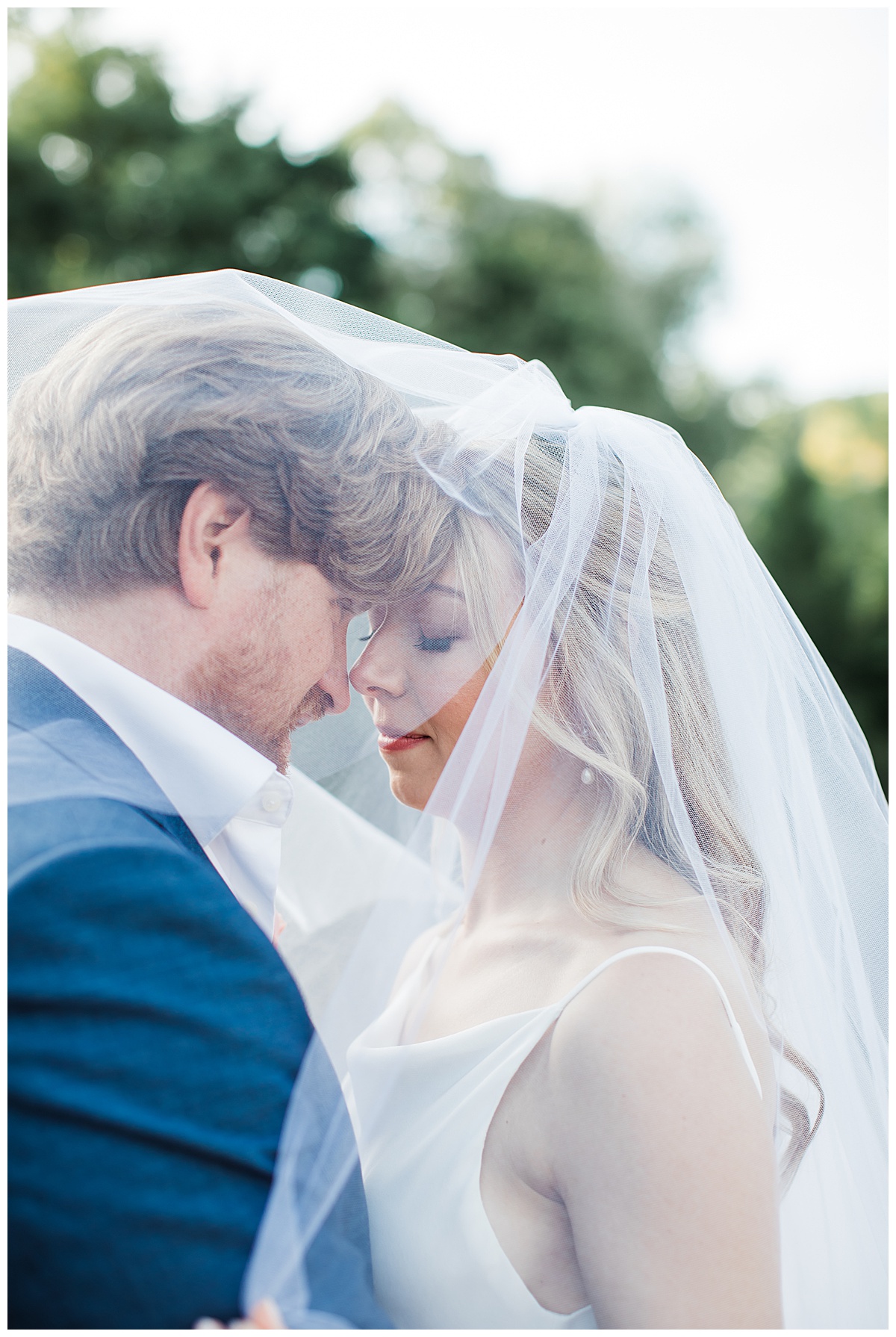 Groom and bride nuzzle under wedding veil 
