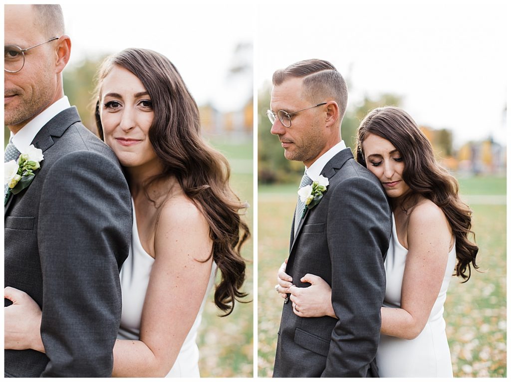 Bride hugs groom from behind in park | Toronto engagement photographer| Toronto wedding photographer| 3photography 