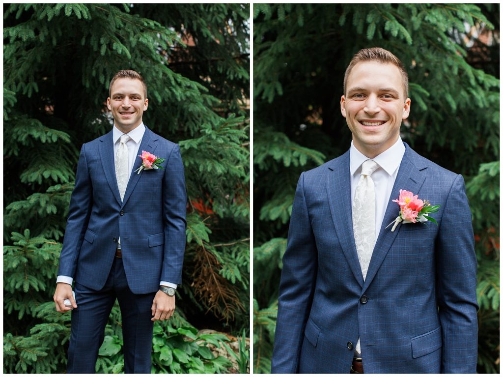 Smiling groom in navy with pink boutonnière at Guelph Ontario Wedding | Ontario Wedding Photographer | Toronto Wedding Photographer | 3photography