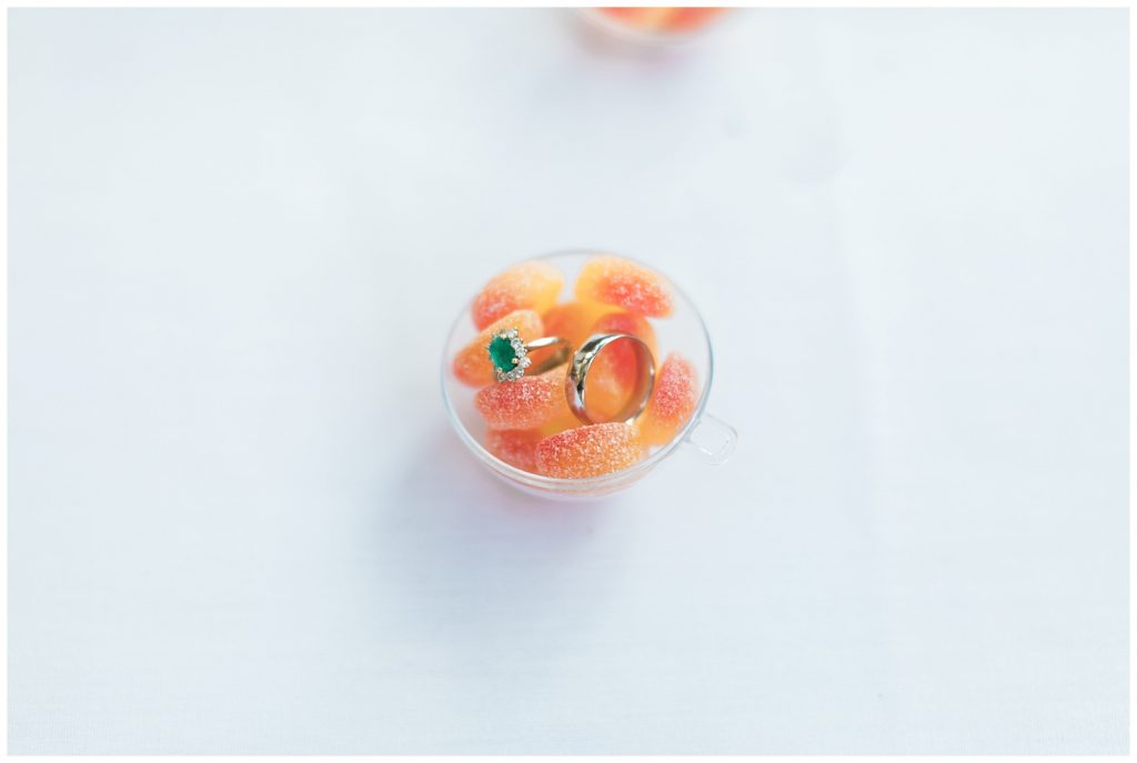 Bride's emerald ring in a little bowl of clementines at Guelph Ontario Wedding | Ontario Wedding Photographer | Toronto Wedding Photographer | 3photography