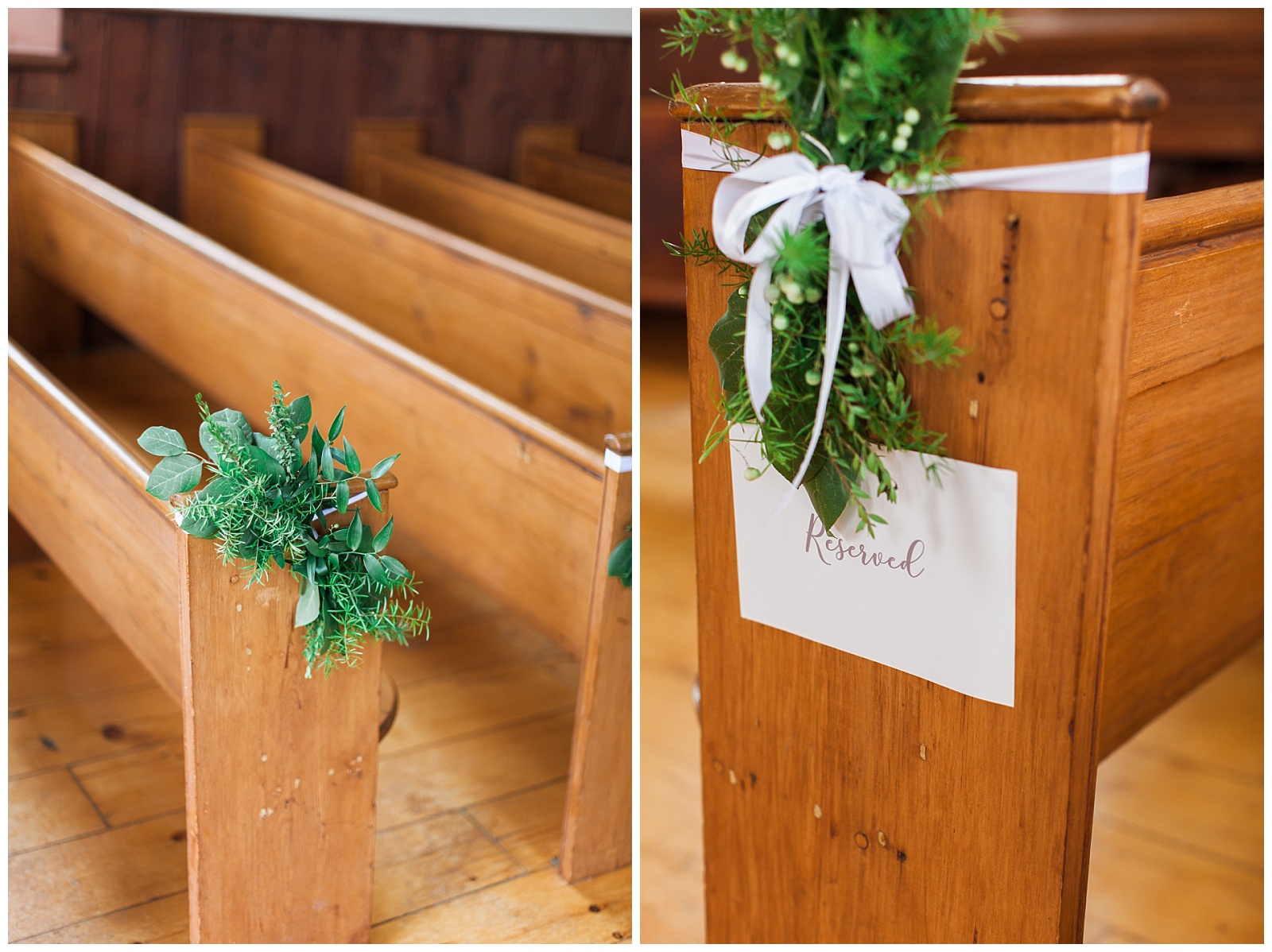 Details of garland on the pews in church at Guelph Ontario Wedding | Ontario Wedding Photographer | Toronto Wedding Photographer | 3photography