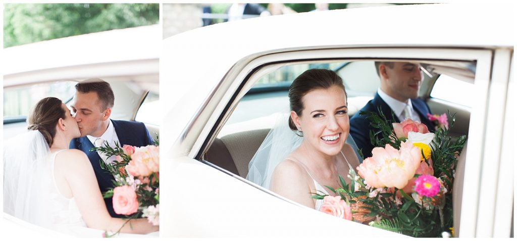 Bride and groom smiling in getaway car at Guelph Ontario Wedding | Ontario Wedding Photographer | Toronto Wedding Photographer | 3photography
