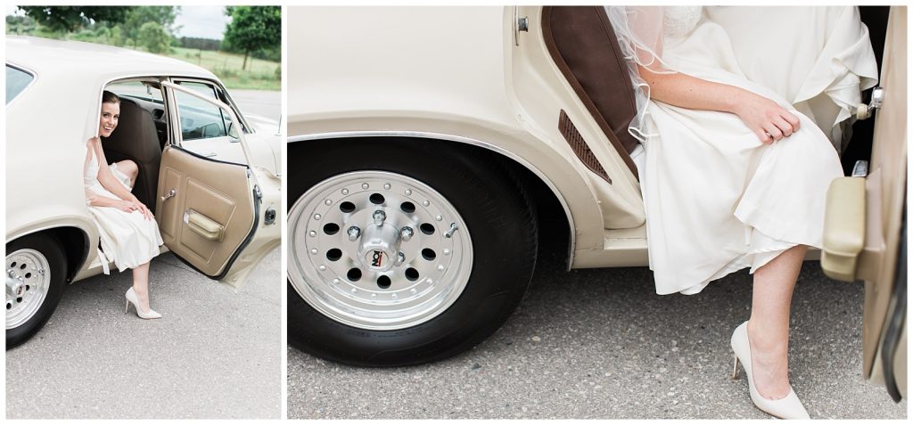 Bride leaning out of vintage car with dress and heels at Guelph Ontario Wedding | Ontario Wedding Photographer | Toronto Wedding Photographer | 3photography