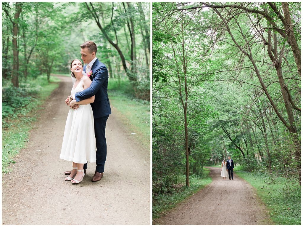 Bride and groom on dirt road lined with trees at Guelph Ontario Wedding | Ontario Wedding Photographer | Toronto Wedding Photographer | 3photography