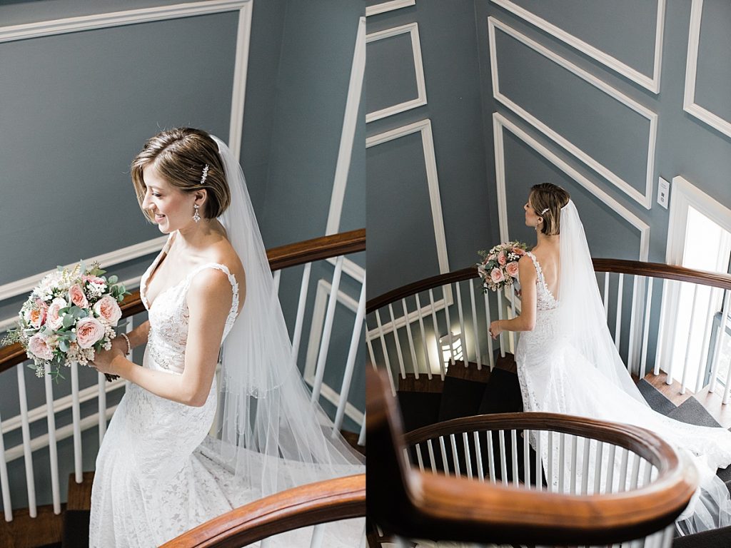 Bride walking down staircase| Harding Waterfront Estate Wedding| Ontario wedding photographer| Toronto wedding photographer| 3 Photography | 3photography.ca