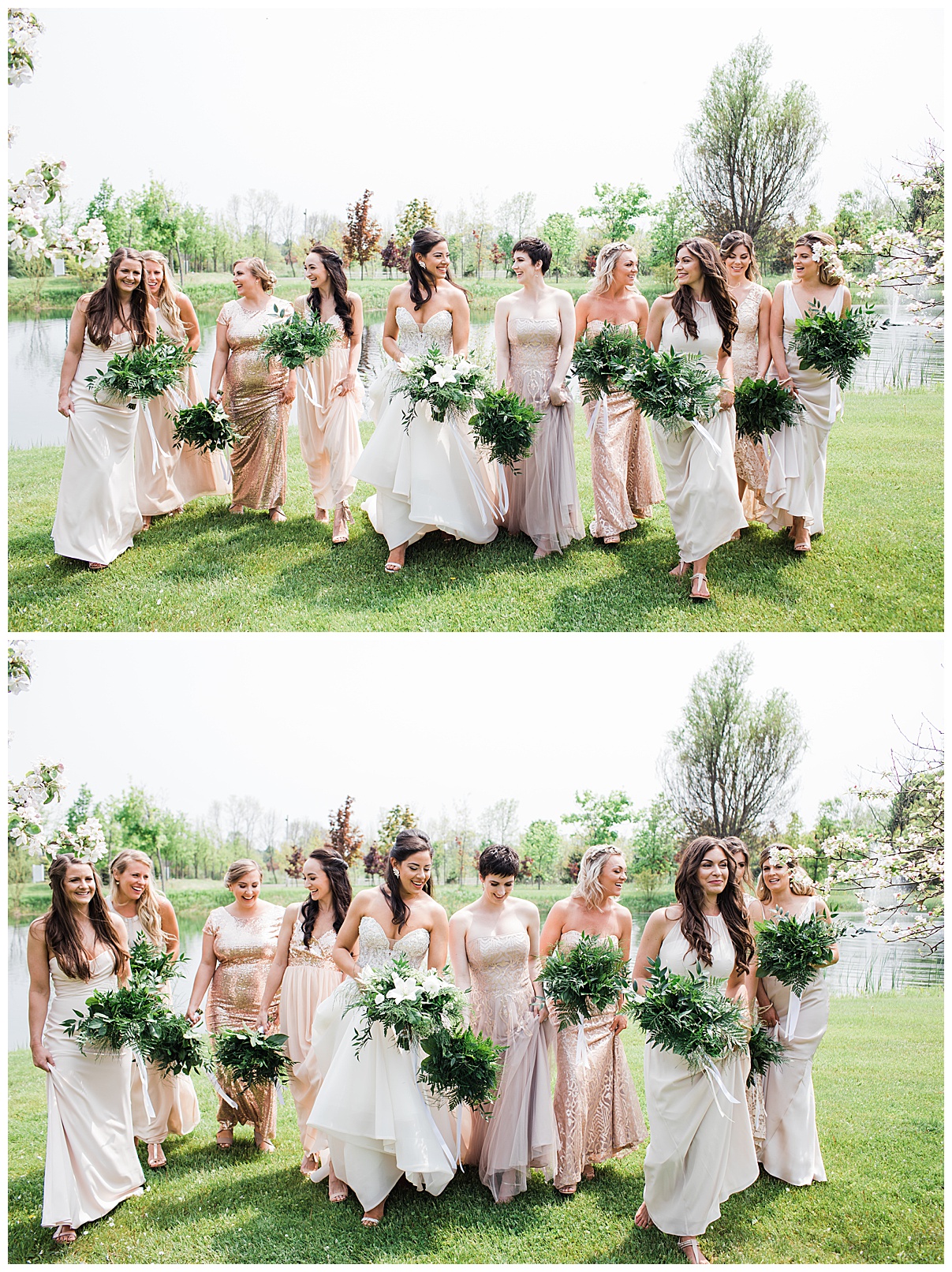 Bride and bridesmaids walking and laughing outside|  Belcroft Estate Wedding| Toronto wedding photographer| Ontario wedding photographer| 3photography