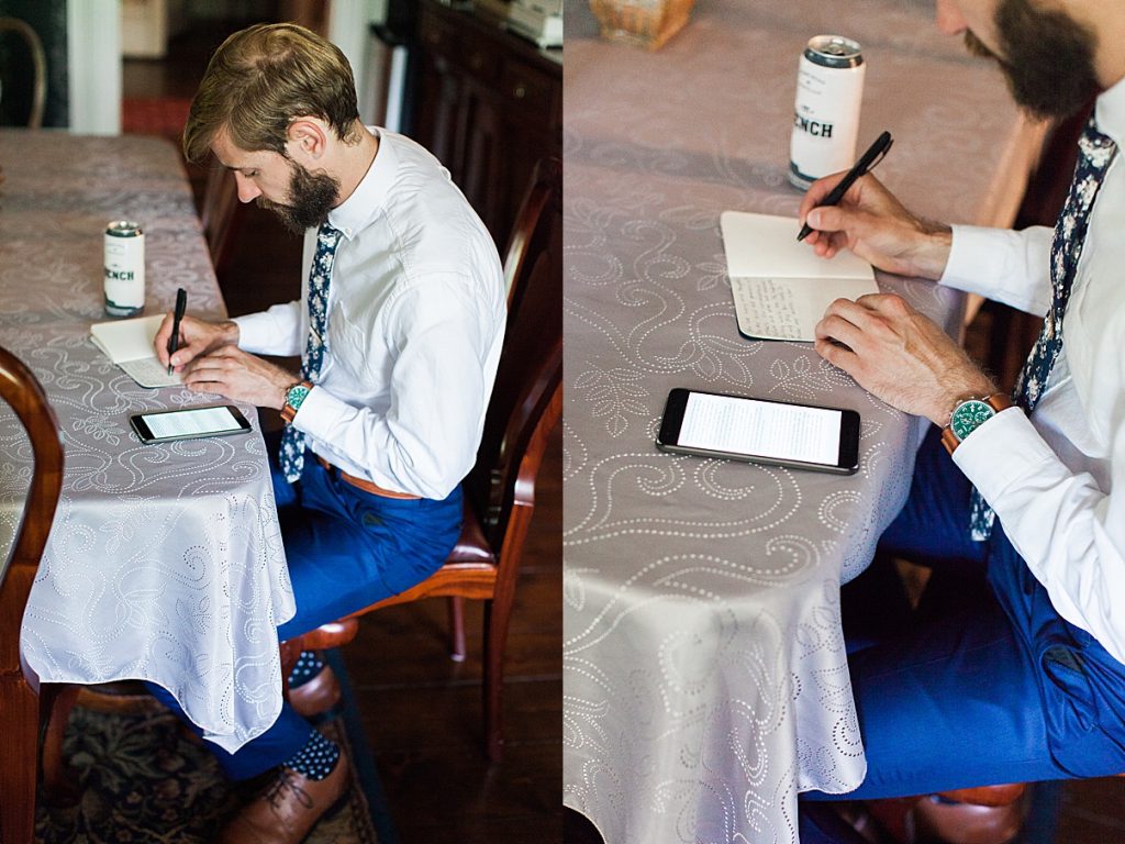 Groom writing vows at table | Balls Falls, Ontario Wedding| Ontario Wedding Photographer| Toronto Wedding Photographer| 3Photography|3photography.ca