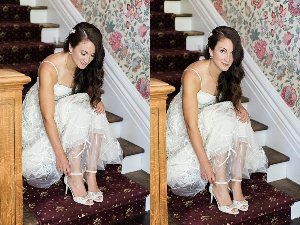 Bride on stairs touching her wedding heels | Balls Falls, Ontario Wedding| Ontario Wedding Photographer| Toronto Wedding Photographer| 3Photography|3photography.ca