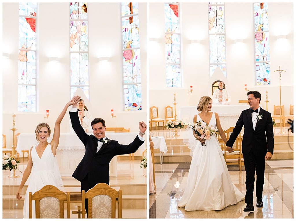 Bride and groom raise hands in celebration at alter| Ontario wedding| Toronto wedding photographer| 3photography