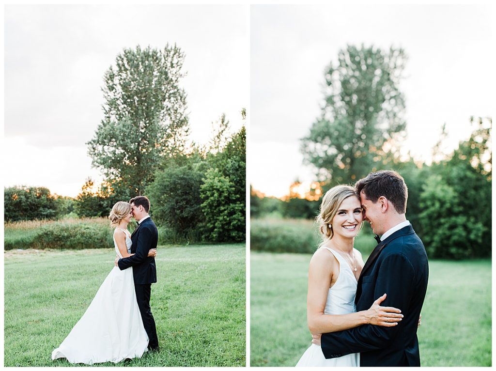 Bride and groom cuddle in field at sunset| Georgetown, Ontario wedding| Toronto wedding photographer| 3photography