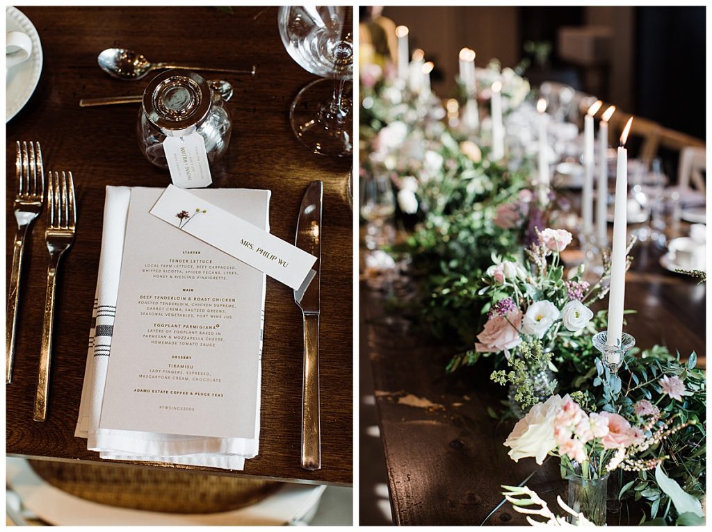 Winery wedding| Wedding reception candlestick candlelit dinner| wedding reception menu| 3photography