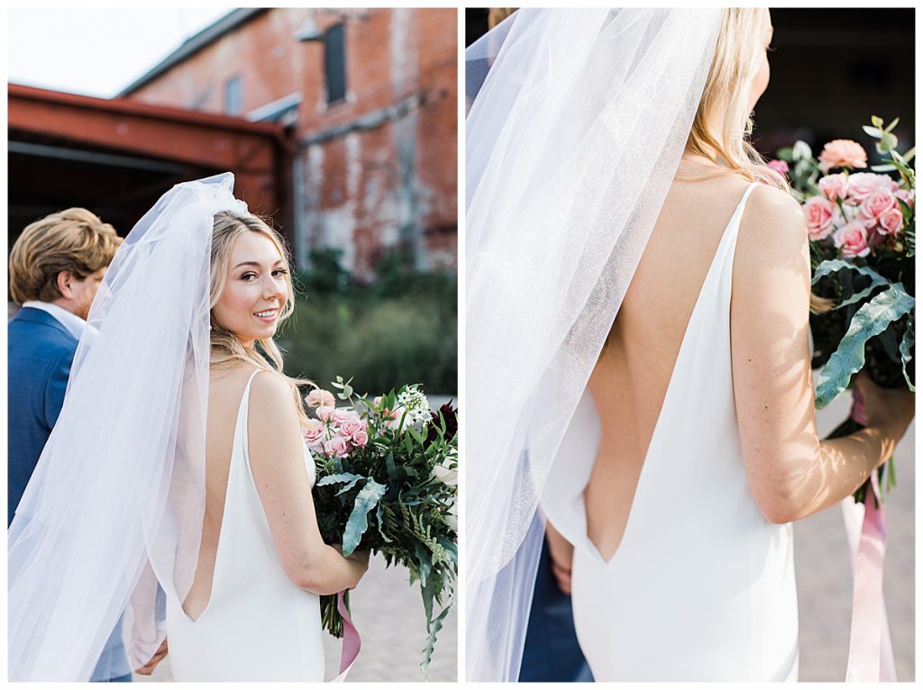 Bride walking in low back wedding dress