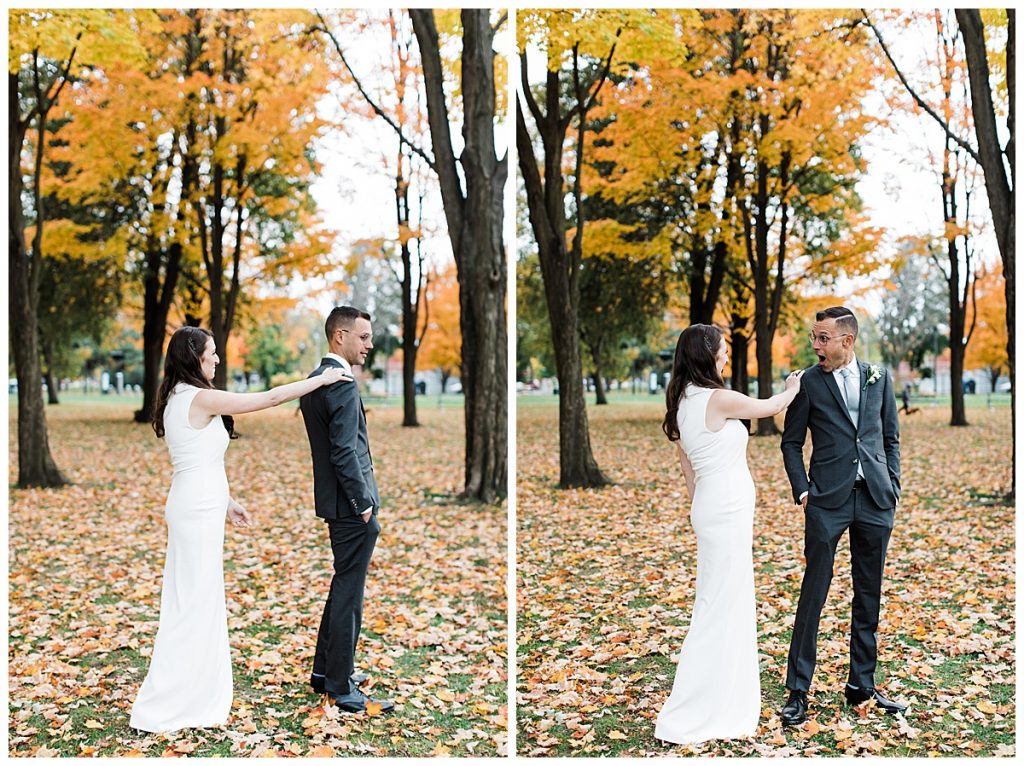 Groom sees bride for first time at first look | Toronto wedding photographer| Toronto engagement photographer| 3photography 