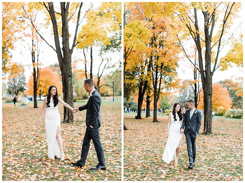Bride and groom walking in park during fall| Toronto wedding photographer| Toronto engagement photographer| 3photography