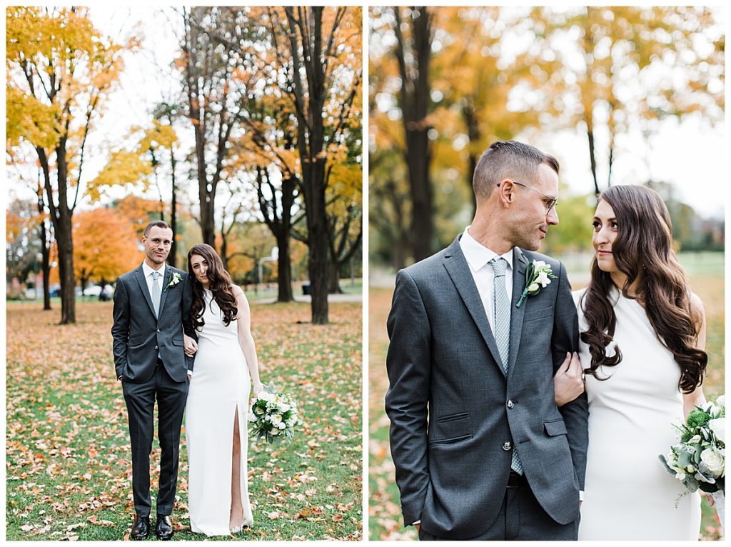 Bride and groom look at each other in fall park wedding portrait| Toronto wedding photographer| Toronto engagement photographer| 3photography