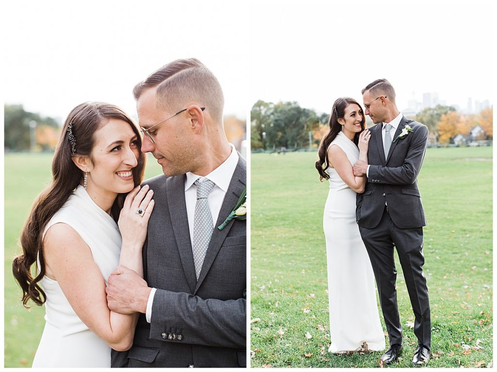 Bride and groom smiling & looking into eyes in field| Toronto wedding photographer| Toronto engagement photographer| 3photography