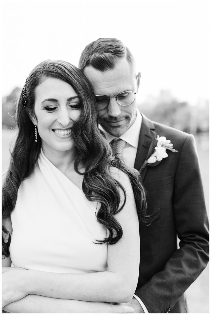 BW close up portrait of groom hugging bride from behind | Toronto wedding photographer| Toronto engagement photographer| 3photography