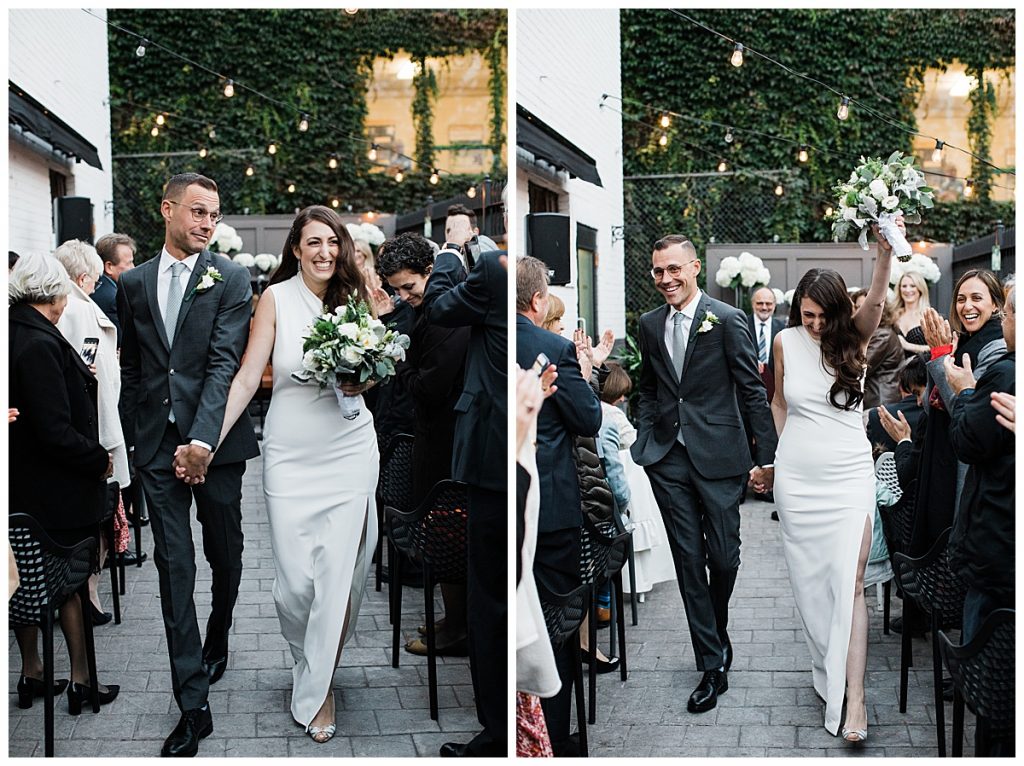 Bride and groom smiling leaving alter hand in hand| Maple Leaf Tavern wedding| Downtown Toronto wedding| Toronto wedding photographer| 3photography